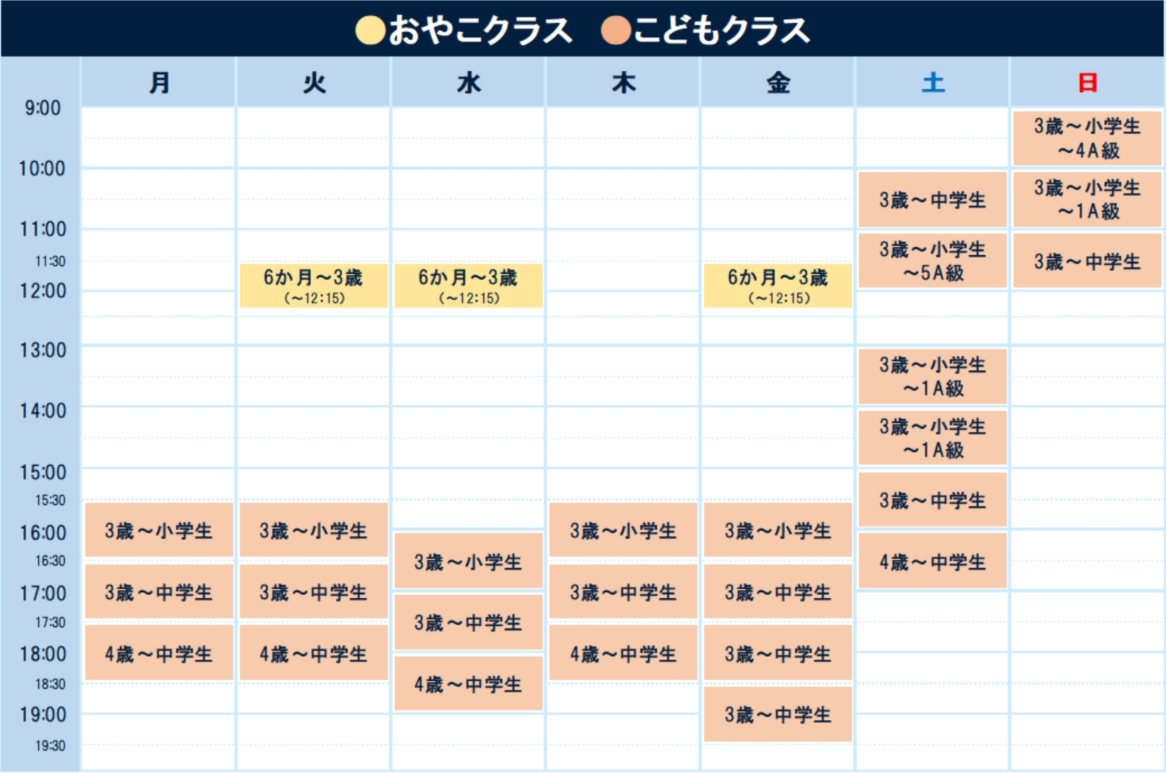 親子クラス・こどもクラスのタイムテーブル