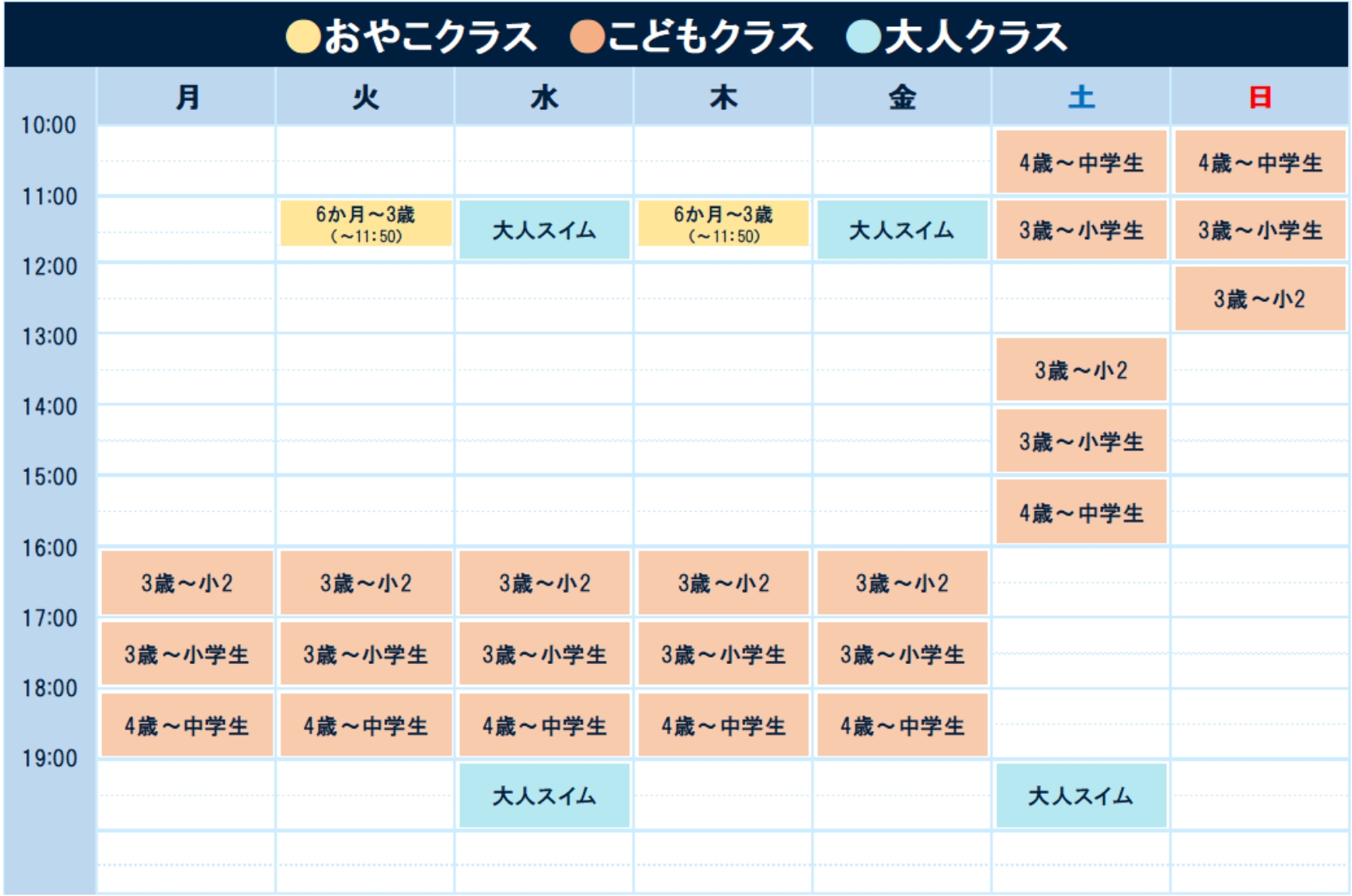 親子クラス・こどもクラスのタイムテーブル